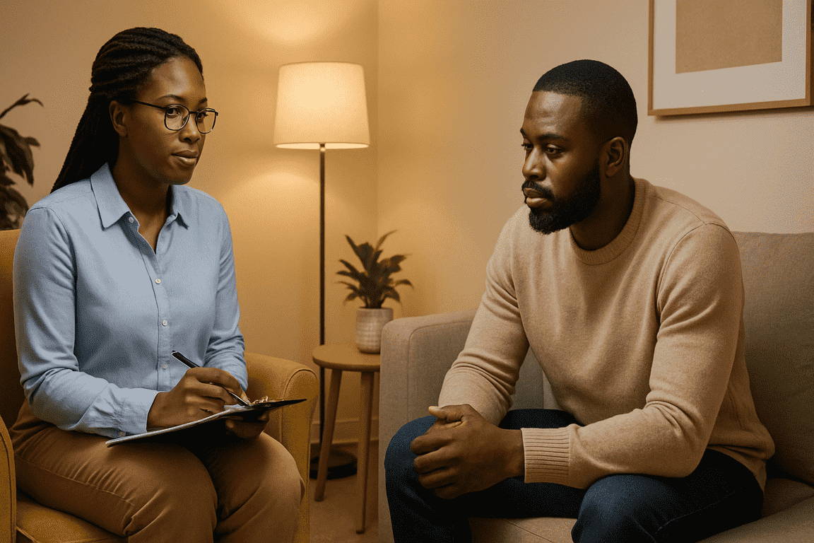 Therapist office with chair and plants — mental health therapy in Lagos