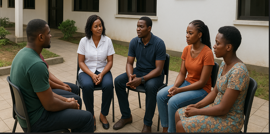 rehab program in Lagos - Licensed clinician leads a small group therapy session in a Lagos counselling centre, clients seated in a therapeutic circle.