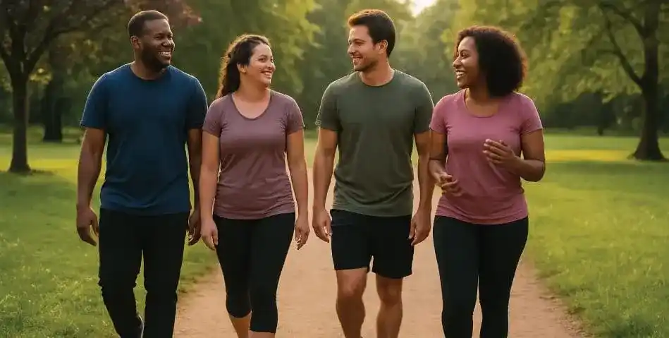 Preventing Depression: Small group walking outdoors together—symbol of activity, social connection, and depression prevention